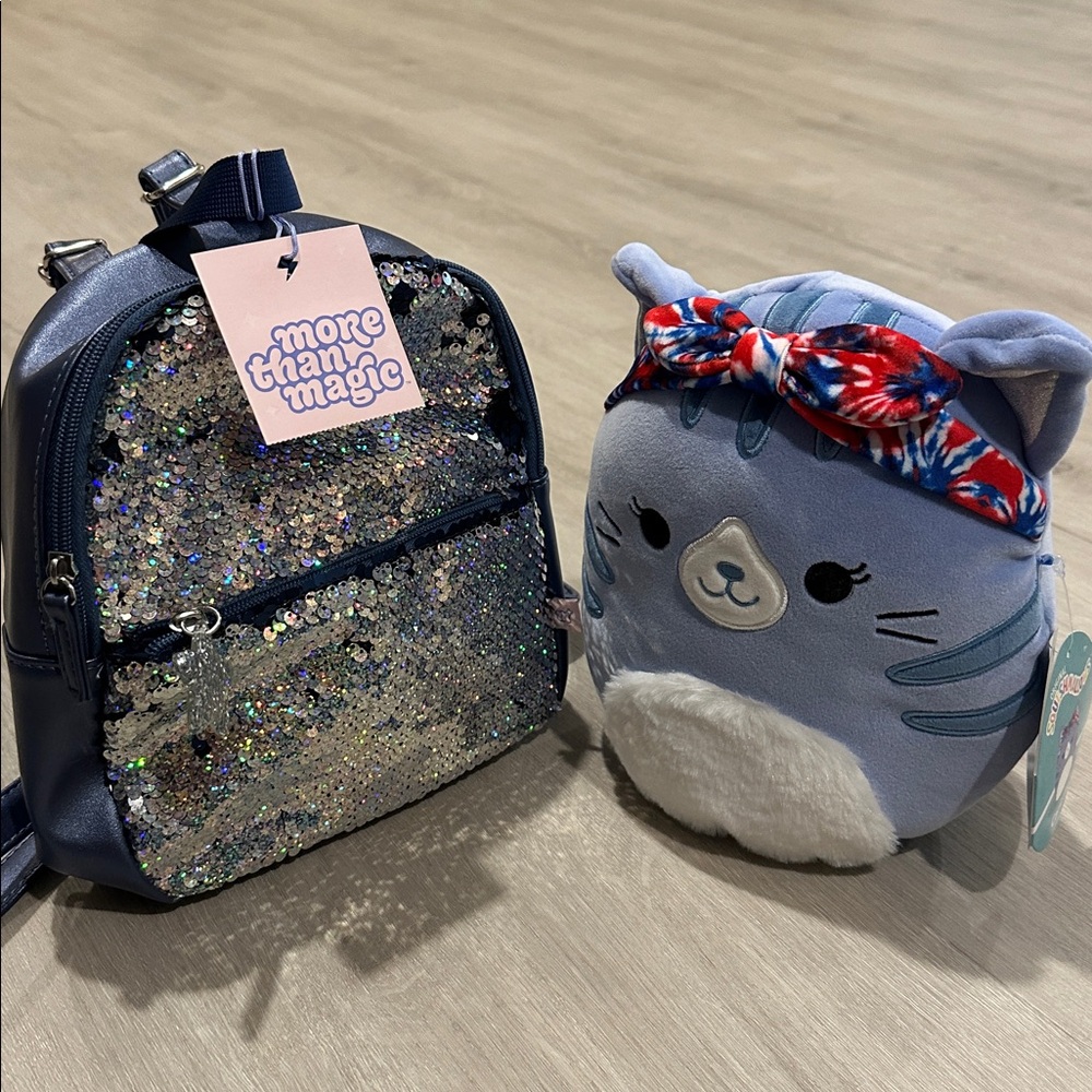 NWT Navy Sequin Star Mini Backpack with Carizma Squishmallows Bundle